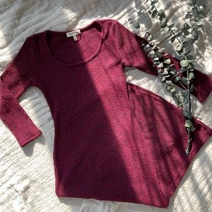 Monteau Ribbed Knit 3/4 Sleeve Midi Dress Burgundy Size M